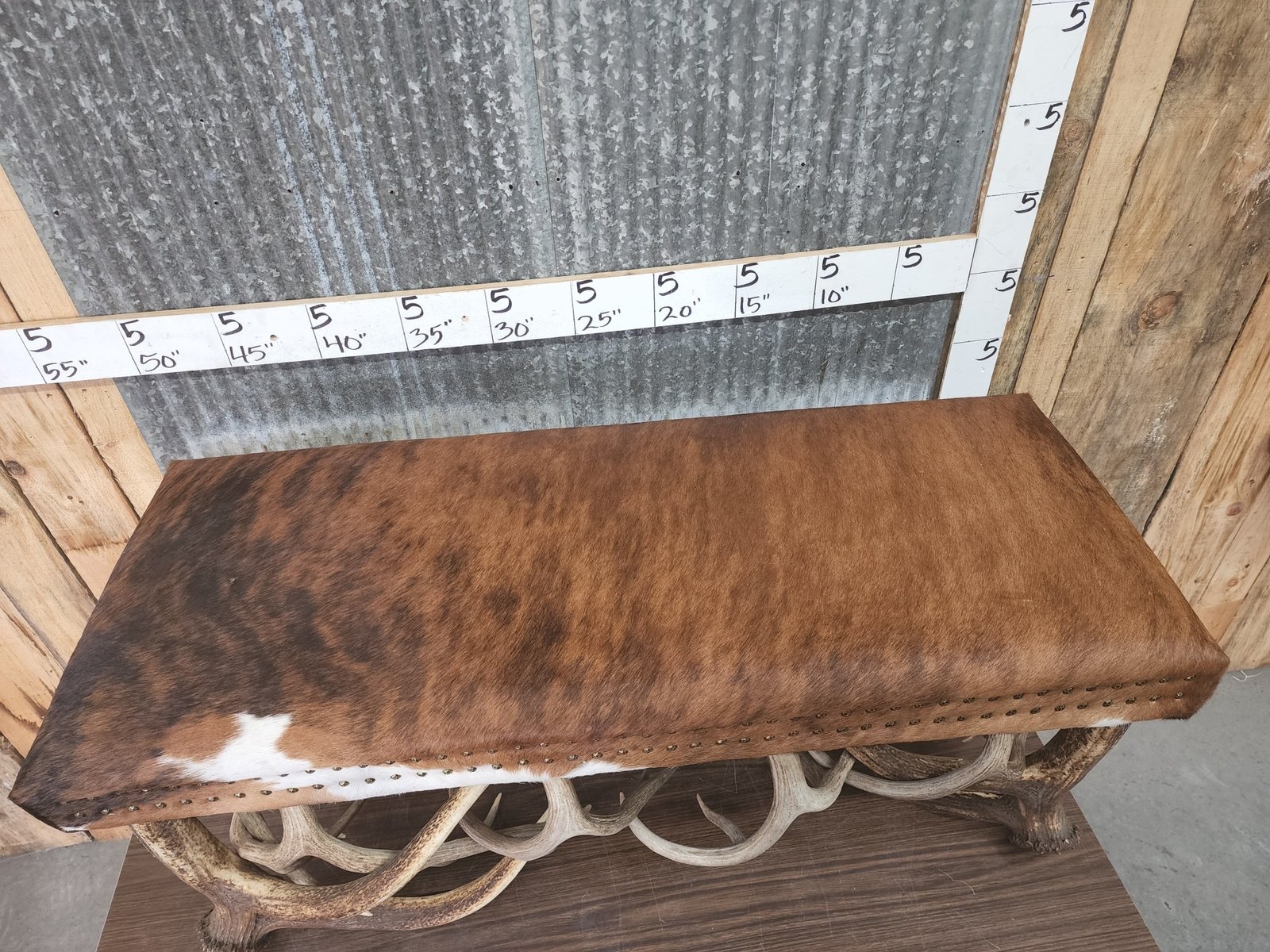 Cowhide and Antler Taxidermy Bench - Image 2